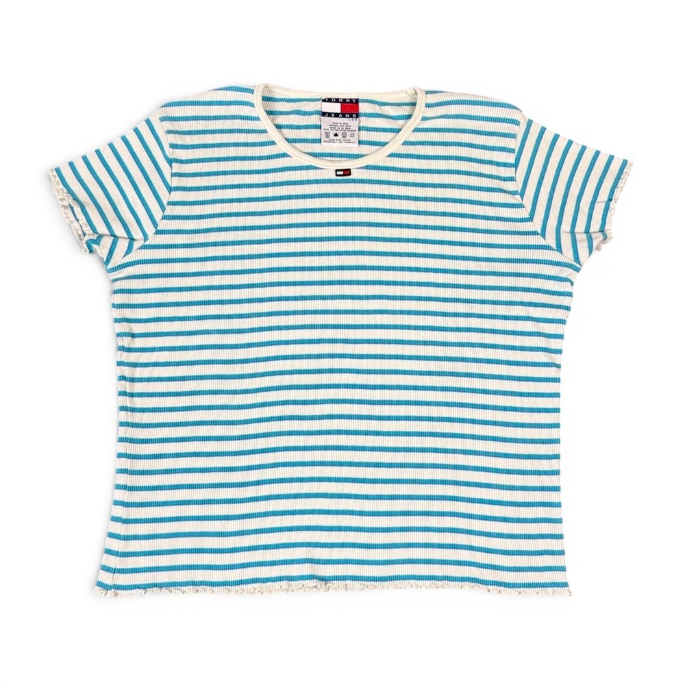 Tommy Jeans Hilfiger Ribbed Crop Baby Tee Womens L Blue Striped Vintage Y2K 90s‎